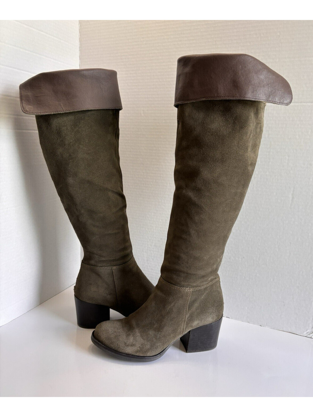 Steve Madden Orla Over The Knee Boots Women Sz 7 Olive Green Block Heel Back Zip